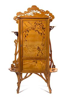 * An Emile Galle Various Woods Marquetry Cabinet, Height 61 3/4 x width 37 1/2 x depth 15 inches.
