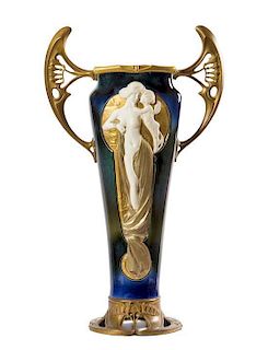 * An Art Nouveau Ceramic and Gilt Bronze Mounted Vase, Height 26 1/2 inches.