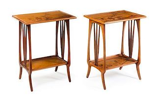 * A Near Pair of French Art Nouveau Marquetry Occasional Tables, Height 30 x width 23 3/4 x depth 15 3/4 inches.