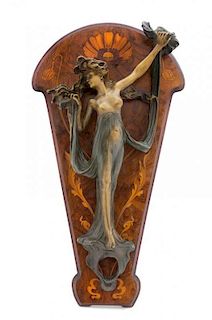 * A French Art Nouveau Bronze and Marquetry Figural Two-Light Sconce, Height overall 20 inches.