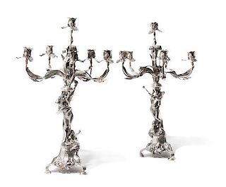 * A Pair of Russian Art Nouveau Silver Six-Light Candelabra, Height 25 3/4 inches.