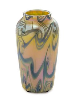 * A Quezal Iridescent Glass Vase, Height 4 1/2 inches.