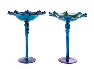 * A Pair of Steuben Blue Aurene Glass Compotes, Height 12 3/8 inches.