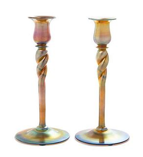 * A Pair of Steuben Gold Aurene Glass Candlesticks, Height 9 7/8 inches.