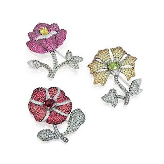 A Lot of Three Colored Stone and Diamond Flower Pins