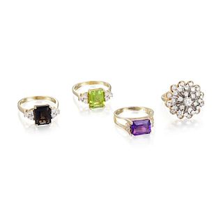 A Lot of Four Gold Diamond and Gemstone Rings