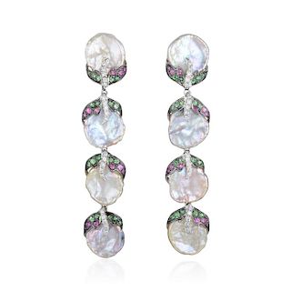 A Pair of Blister Pearl Diamond and Gemstone Pendant Earrings