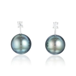 A Pair of Black South Sea Pearl and Diamond Earrings