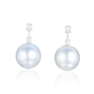 A Pair of White South Sea Pearl and Diamond Earrings