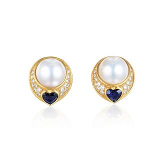 A Pair of Sapphire Diamond and Mabe Pearl Earrings