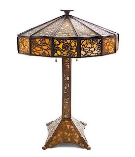 * An American Overlay and Slag Glass Lamp, Diameter of shade 17 x height 22 1/2 inches.