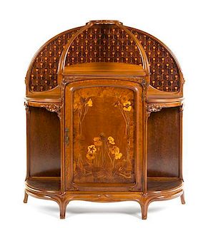 * A French Art Nouveau Marquetry Decorated Oak Etagere, Height 59 1/2 x width 49 x depth 15 inches.
