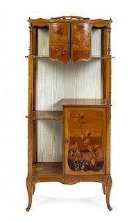 * A French Art Nouveau Various Woods Marquetry Etagere, Height 55 3/4 x width 24 3/4 x depth 14 1/2 inches.