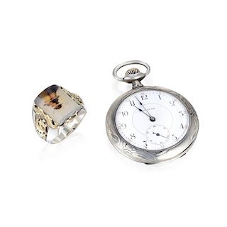Gotham Silver Pocket Watch and Landscape Agate Ring