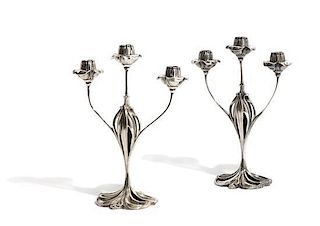 * A Pair of French Art Nouveau Silvered Bronze Three-Light Candelabra, Height 14 3/8 inches.