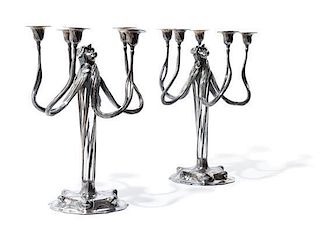 * A Pair of German Art Nouveau Silver-Plate and Glass Five-Light Candelabra, Height 17 inches.