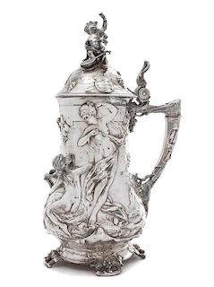 * A German Art Nouveau Silver-Plate Large Tankard, Height 16 1/2 inches.