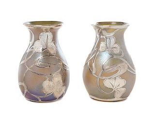 * A Near Pair of Loetz Silver Overlay Iridescent Glass Vases, Height 4 1/2 inches.
