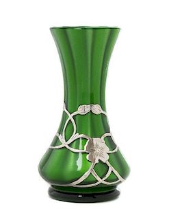 * A Loetz Silver Overlay Glass Grun Mettalin Cabinet Vase, Height 5 1/4 inches.