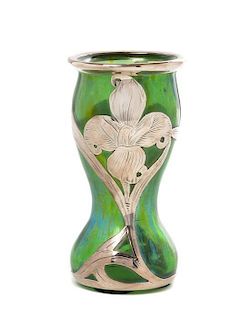* A Loetz Silver Overlay Glass Cabinet Vase, Height 4 5/8 inches.