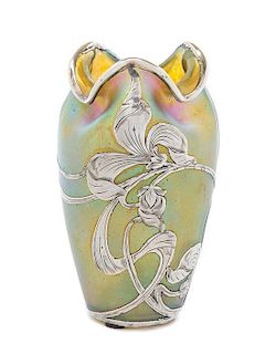 * A Loetz Silver Overlay Iridescent Glass Vase, Height 5 1/8 inches.