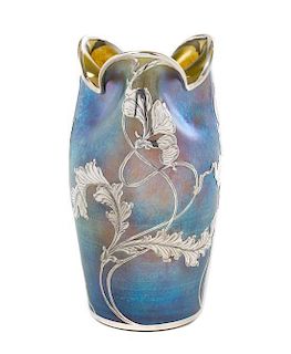* A Loetz Silver Overlay Glass Vase, Height 9 1/4 inches.