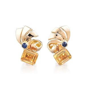 A Pair of Citrine and Sapphire Earrings