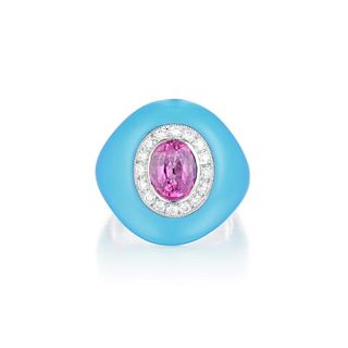 A Pink Tourmaline and Resin Enamel Diamond Ring