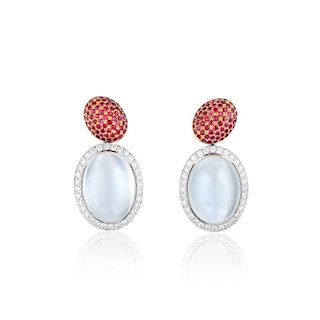 A Pair of Ruby, Diamond and Moonstone Earrings