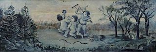 18th/19th C. Oil on Wood Panel. Putti in Landscape