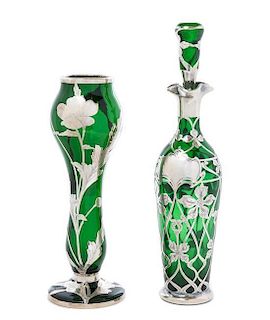 * Two Art Nouveau Silver Overlay Glass Articles, Height of taller 12 1/4 inches.
