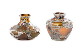 * Two Austrian Silver Overlay Iridescent Glass Cabinet Vases, Height of taller 2 1/2 inches.