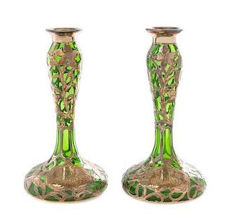 * A Pair of Art Nouveau Silver Overlay Glass Vases, Height of 8 inches.
