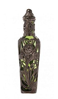 * A Victorian Art Nouveau Silver-Mounted Glass Scent Flask, Height 6 3/8 inches.