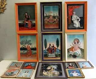 14 Antique Framed Indian Reverse Paintings on