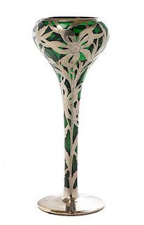 * An Art Nouveau Silver Overlay Glass Vase, Height 12 1/8 inches.