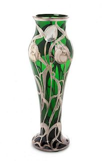 * An Art Nouveau Silver Overlay Glass Vase, Height 12 inches.