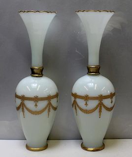 A Fine Pair of Gilt Decorated Opaline Glass Lamps.