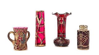 * Four Art Nouveau Silver Overlay Glass Cabinet Articles, Height of tallest 6 inches.