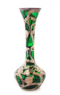 An Art Nouveau Silver Overlay Glass Vase, Height 12 1/8 inches.