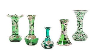 * A Collection of Five Art Nouveau Silver Overlay Glass Cabinet Vases, Height of tallest 7 3/4 inches.