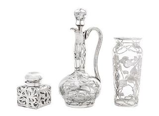 * Three Art Nouveau Silver Overlay Glass Articles, Height of tallest 11 3/4 inches.