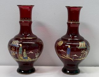 A  Pair of Antique Enamel  Decorated Ruby Glass
