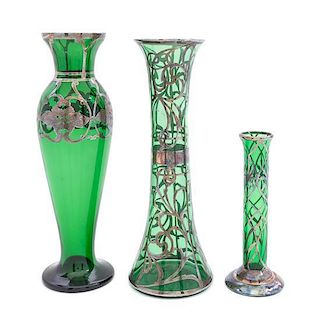 * Three Art Nouveau Silver Overlay Glass Vases, Height of tallest 10 3/8 inches.