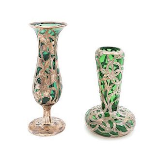 * Two Art Nouveau Silver Overlay Glass Vases, Height of taller 7 7/8 inches.