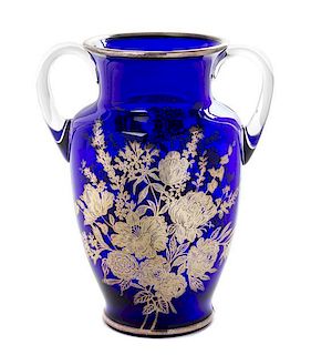 * A Silver Overlay and Cobalt Glass Vase, Height 9 5/8 inches.