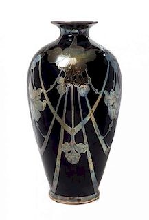 * A Lenox Art Nouveau Silver Overlay Ceramic Vase, Height 14 3/4 inches.
