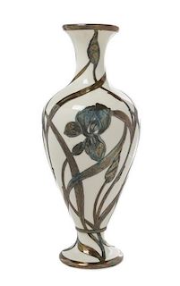 * An American Art Nouveau Silver Overlay Porcelain Vase, Height 10 3/4 inches.