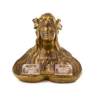 * An Art Nouveau Gilt Metal Figural World's Fair Souvenir Encrier, Width 7 3/4 inches.
