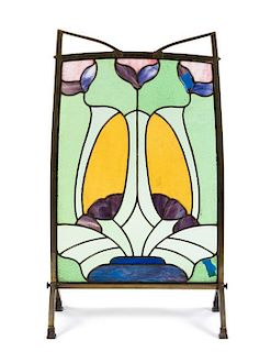 * An Art Nouveau Style Leaded Glass Fire Screen, Height 40 7/8 x width 25 x depth 11 1/2 inches.
